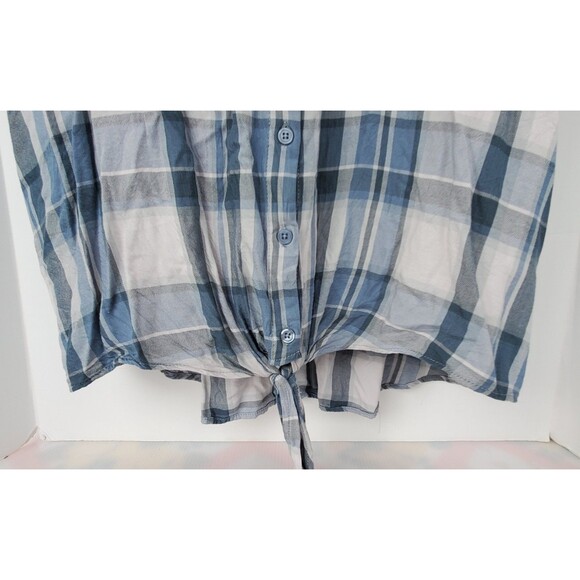 COMO VINTAGE Womens 2X Plaid Print Knot Front Button Up Short Sleeve Top Blue - Picture 4 of 9